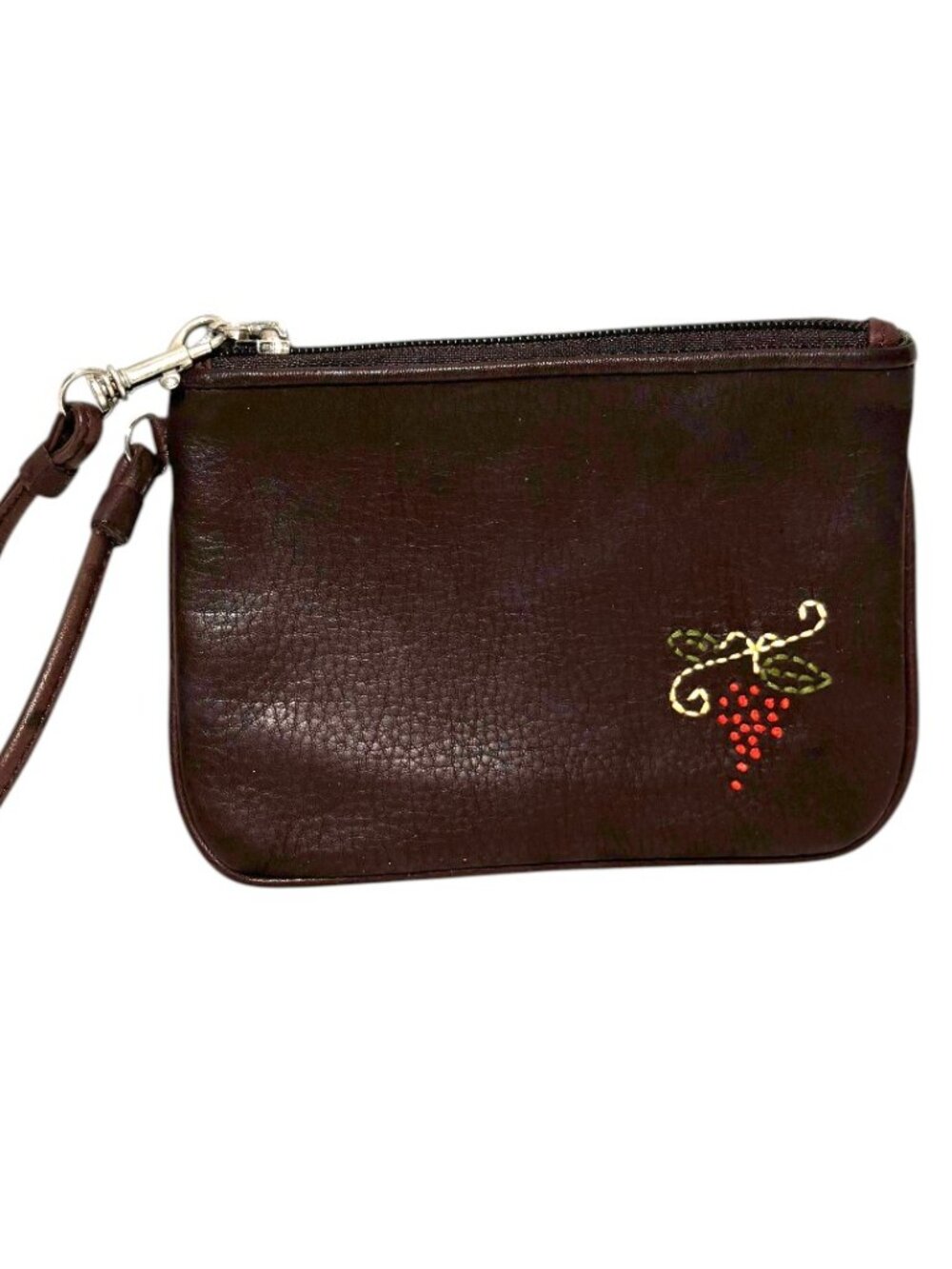 Fossil Brown Genuine Leather Wristlet Clutch Coin Purse Embroidered Grape Fruit